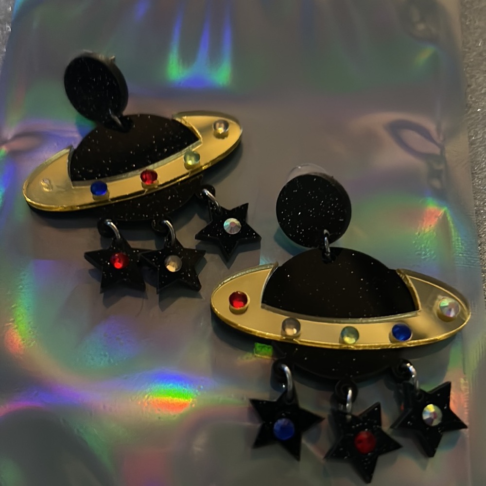huge black ufo alien oversized cosmic Barbie earrings space rave burner doll nwt